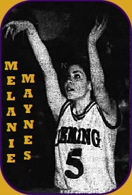 New Mexico girls basketball player, Melanie Maynes, Deming High School, shown in #5 uniform, shooting a jump shot. From The Deming Headlight, Deming, New Mexico, February 6, 1998.