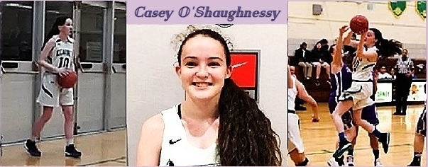 Images of Caey O'Shaughnessy, Bishop Kearney High (Bensonhurst, Brooklyn) girls basketball player, #10. Shown throwing in the ball from the sidelines out of Brooklyn Sports World,; up in the air shooting the ball from The tablet, and a portrait of her from NYC Hoops.