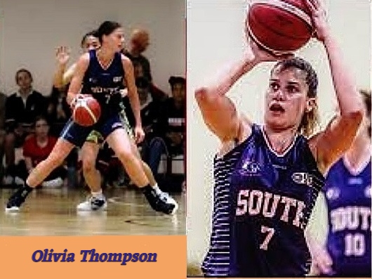 Images of Australian women's basketball player Olivia Thompson, South Adelaide Panthers, 2021, in darl blue #7 SOUTH uniform, shooting a foul shot and dribbling full stride on court.