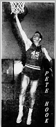 Picture of basketball player Pete Hook, in uniform #45 with team name '10 up near the basket laying the ball in. Out of The Hammond Times, Hammond-East Chicago, February 8, 1957.