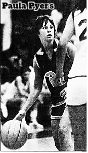Image of Arizonian girls basketball player Paul Pyers, Santa Rita High Eagles, shown against Tucson High's Laura Willoughby. From The Arizona Daily Star, Tucson, Arizona, April 28, 1983. Photo by Joe Patronite.
