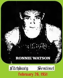Image of Ronnie WAtson, basketball player for the Fitchburg Veterans of Foreign Wars team in the Inter-State Leagu. From the Fitchburg Sntinel, Fitchburg, Massachusetts, February 26, 1851.