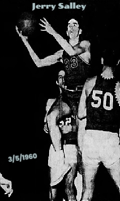 Image of boys basketball player Jerry Salley, Pleasant Hill High, Louisiana, #33, shown up in air with ball trying to score over #50 of Longville, Bobbby Smith, in the March 5, 1960 Class C state championship game at Bolton, La.. Also behind him is Longville's #53, Butch Mason. From the Alexandria Daily Town Talk, Alexandria, Louisiana, March 7, 1960.
