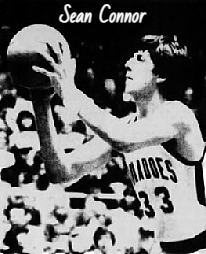 Image of boys basketball player from Illinois, Sean Connor, Zeigler-Royalton High School, in his white TORNADOES jersey number 33, shooting a foul shot to our left. From the Southern Illinoisan, Carbondale, Illinois, February 6, 1983.
