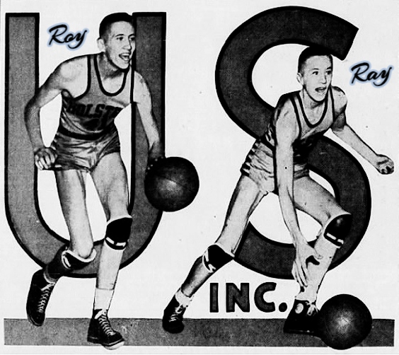 We see an image of twin brothers, Roy and Ray Wehde, in basketball action shots with 'US INC written in big letters behind them. From the Des Moines Sunday Register, December 29, 1940. The caption reads: TWIN COMBINATION--Here's US Inc., Roy (left) and Ray (right), the look-alike, shoot-alike forwards at Holstein who won their monicker last spring in the state finals. They're back in harness again this season and hitting a terrific pace.