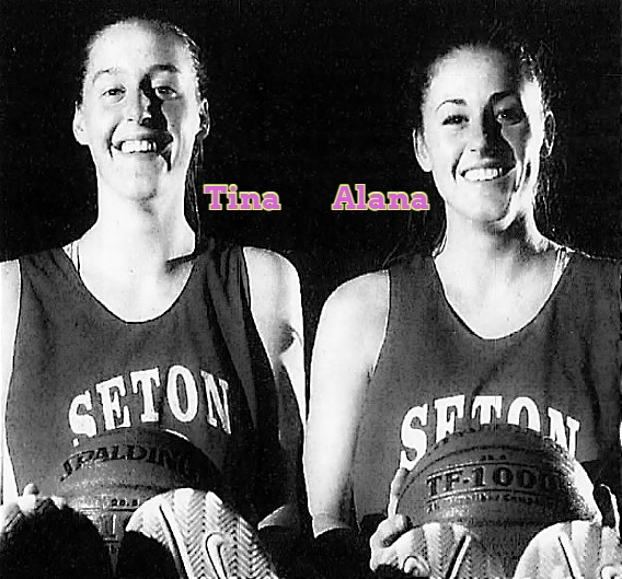 Image of the Wirth sisters, girls basketball players who played for Chandler Setaon Catholic high school. Both are sitting holding a basketball in front of the. We see the tops of their sneakers in the foreground. Both in SETON jerseys, Tina (Christina) on the left, Alana on the right. From The Arizona Republic, Phoenix, Arizona, January 24, 2003. Photo by Russell Gates.