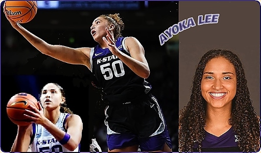 Three images of Ayoka Lee, Kansas State, new single-game scoring record holder for NCAA Division I women's basketball. Shown in white #50 jersey, shooting a foul shot, in a blue uniform attempting a leaping lay-up and a portrait shot.