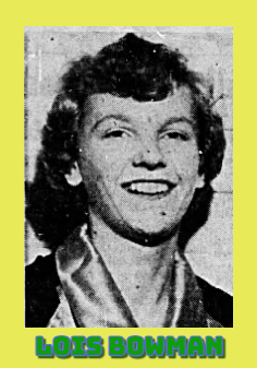 Profile image of smiling Lois Bowman, girls basketball player in mid-1950s for Monticello High School in North Carolina. From The Greensboro Record, Greensboro, N.C., March 15, 1955.