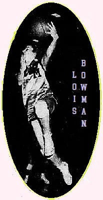 Action image of girlsbasketballer Los Bowman scoring on her famous hook shot, for Monticello High School (North Carolina). against McLeansville on December 16, 1955 (a 58-39 victory). From the Greensboro Daily News, Greensboro, N.C., December 17, 1955. Photograph by Roy Matherly.