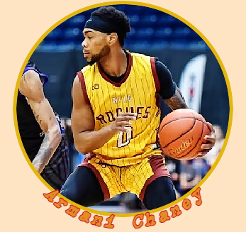 Armani Chaney, Newfoundland Rogues Canadian basketball player, shown with basketball looking to our left, making a play, in his pinstriped yellow uniform, number 0.