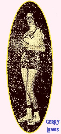 Full body image i=of Gerry Lewis, girls basketball player for Jonesville High School in North Carolina. Holding the ball to her left. From the Sunday Journal and Sentinel, Winston-Salem, N.C., January 6, 1957.