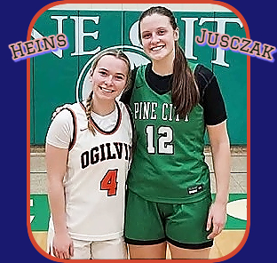 Image of Grace Heins (Ogilvie High School in Minnesota) and Karly Jusczak (Pine City High in North Dakota, posing together after a Breakdown Border Battle game held at Moorhead High (Minn.) where Heins scored 62 points and Jusczak 62, (Ogilvie won 89-82). From the Minnesota Basketball News,Volume 28 Issue 11, 2/16/2024.