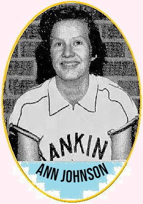 Portrait image, shoulders up, in RANKIN uniform, of Ann Johnson, basketball star forward for the Rankin Rockettes, a girls basketball team in North Carolina. From The Greensboro Record, Greensboro, N.C., January 31, 1958.