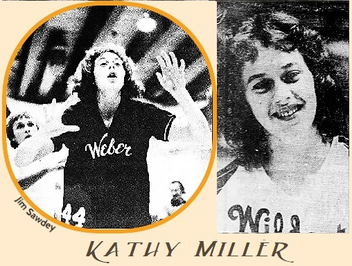 Images of Weber State women's basketball player Kathy MIller. One showing her with hands up, playing defense in her #44 scripted Weber jersey. The other as portrait of her. The action shot from Signpost from Weber State College, Ogden, Utah, January 21, 1977, photo by Jim Sawdey, the portrait image from the Ogden Standard-Examiner, Ogden, Utah, December 2, 1977.