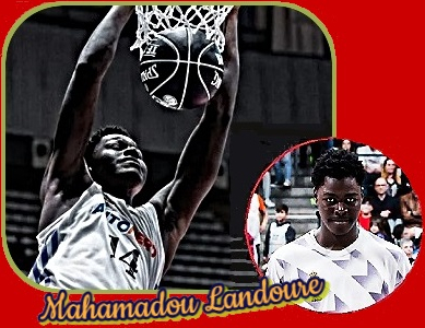 Two images of 13 years old Mali basketball player, Mahamadou Lamdoure, wgo scored 56 points in a Minicopa tournament championship game for Real Madrid. Shown as #14 dunking the ball and portrait looking at camera