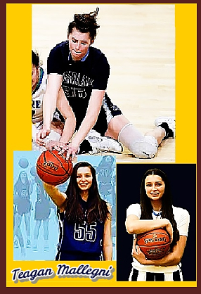 3 images of Teagan Mallegni, Wisconsin basketball player from McFarland High School. One she is on floor fighting for the ball. Holding the ball signifying her 2000th pont, towards camera in #55 jersey and holding ball with both arms in front of her.