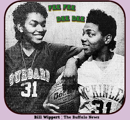 Images of sisters Felice (Fee Fee) and Dawn (Dee Dee) Mann, New York girl basketball players, Felice on Burgard High School team (left) and Dee Dee playing for McKinley High School (right). From The Buffalo News, Buffalo, N.Y., February 6, 1990, photo by Bill Wippert.