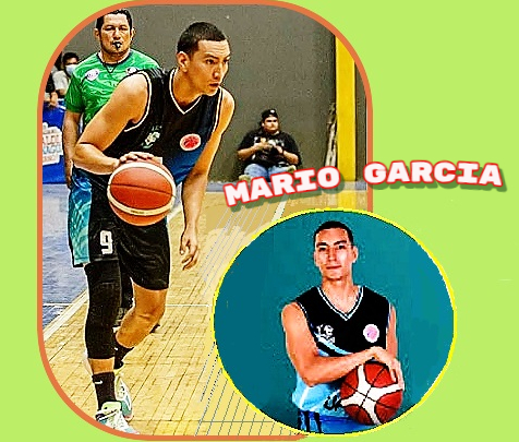 Images of Nicaraguan TBN league vasketball player for the UAM Jaguares, posing holding a ball on his left side, right hand above the sphere, and one in his #9 uniform dribbling the ball during a game.