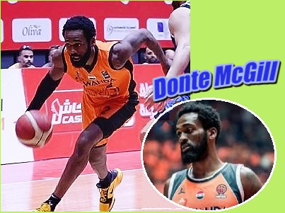 Images of Donte McGill, basketball player, on the Al Wehda team in Mecca, Saudi Arabia. One showing him driving around a defender, and one close-up portrait, he's looking to our left.