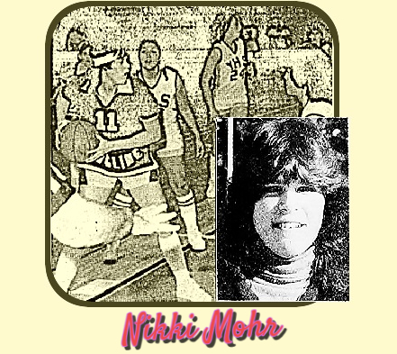 Two images pf Nikki Mohr, 1980s star girls basketball player for Incline High School in Nevada. Portrait from the Reno Evening Gazette, Reno, Nevada, October 29, 1980.Axtion imageis rom a 1/28/1983 game against Yerington, a 45-39 Incline victory. It shows her looking to our right trying to make a pass.