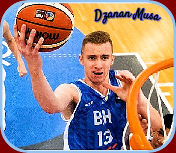 Dzanan Musa, Bosnia & Herzegovina U17 basketball player, number 13, shown close-up about to lay the basketball into the net.