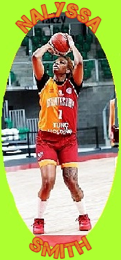 Turkish KBSL women's basketball player Nalyssa Smith, Galatasaray MP Istanbul, #1, in two-tone orange and red uniform, shooting an overhead set-shot.