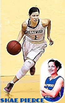 Images of Shae Pierce, girls basketballer at Hollywood Christian High School in Florida. One dribbling the ball during a game in her 31 white uniform, and a portrait in her blue uniform, arms folded in front, 3/4 view from the Miami Herald, Miami, Fla., May 22, 2015. The acrion pjoto from The Seminole Tribune, January 26, 2016.