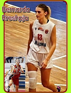 Images of Bernarda Rreshpja, Vllaznia Shkodra of the Albanian Superliga, as #13, in white uniform walking on the court and in her red Albanian national team uniform going up for a shot against Lithuania.