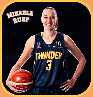 Picture of Logan Thunder basketball player Mikaela Ruef in the NBL One North league in Australia. Holding ball by right hip, yellow on blck jersey reading THUNDER #3.