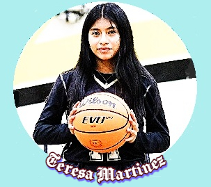 Californian basketball player Teresa Martinez, Magnolia High Sentinel, posing holding basketball in front of her with both hands.