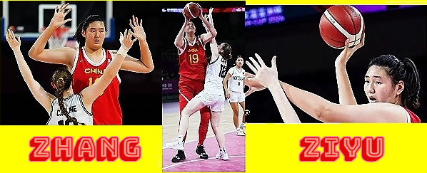 Three images of 17 year old, seven foot three inch Zhang Ziyu, Chinese national basketball player in #19 red uniform in game action.