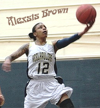Image of Alexsis Brown, Cal Maritime Keelhauler female basketball player going up for a lay-up.