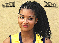 Aliyah Konate portrait, very top straps of yellow uniform of the U17 ALBA Berlin basketball team.