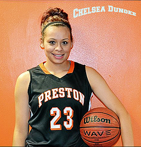 Pirtrait of Chelsea Dimgee, Preston High School (Oklahoma) portrait on Preston uniform, number 23, with basketball.