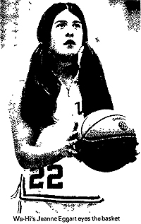 Picture of Jeanne Eggart, Walla Walla High School basketball player, shooting a foul shot. From the Walla Wa;;a Union Bulletin, Feb. 2, 1977, after being named Inland Empire Woman Athlete of the Year for 1977. Photo from Dennis Dimick.