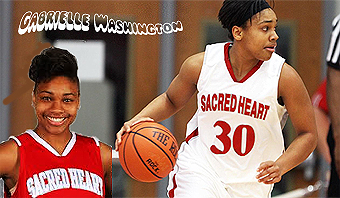 Composite image of girls basketball player, Gabrielle Washington of Sacred Heart University, #30, looking to bring ball upcourt, and portrait in red uniform.