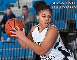 Jasmine Brandon, College of New Rochelle Blue Angel. number 31, with ball, looking to pass.