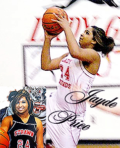 Jayde Price, Strawn High School (Texas) Lady Greyhound basketball player, in composite photo. Shooting and posing with ball.