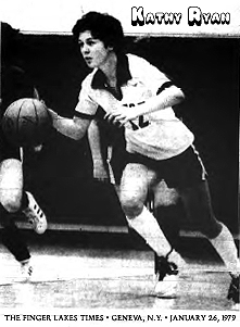 Image of Kathy Ryan, Victor High School basketball player, dribbling the ball upcourt. From The Finger Lakes Times, Geneva, New York, January 26, 1979.