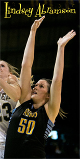 Lindsey Abramson, University of Great Falls Argonaut basketball player, number 50, shown defending against Montana State.