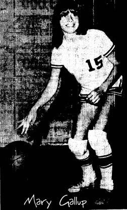 Image of Mary Gallup. Stratford High (Oklahoma) basketball player, dribbling the ball, from The Ada Evening News, March 24, 1974.