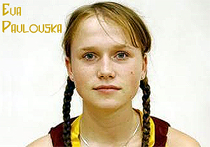 Eva Pavlovska, Ventspils basketball player, Latvia LJBL, in uniform, with pigtails.