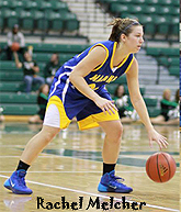 Rachel Melcher, basketball player for Maddona University Crusaders, dribbling ball in blue uniform with yellow trim.