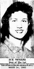 Image of a smiling Sue Vickers, basketball player for the Slater entry in the Southern Textile Basketball Tournament at Greenville, South Carolina, Class A girls division. From The Spartanburg Herald, Sunday, March 14, 1962. (South Carolina)
