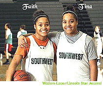 Picture of the Fantroy twins, Faith and Tina, in Southwest High School practice jerseys, Lincoln Southwest, Lincoln, Nebraska. Photographer: William Lauer, Lincoln Star Journal.
