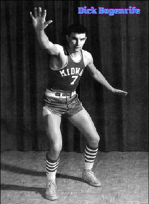 Posed image of boys basketball player, Dick Bogenrife, London-Midway High Chool, Sedalia, Ohio, #7, in defensive posture. From the Madison Plains Hall of Fame Banquet pamphlet, 2015.