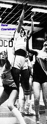 Girls basketball player for Britsih Columbia's basketball team, going up for a rebound, as a Port Coquitlam Secondary Achool. Frm  The Sunday News, Coquitlam, B.C., Canada, March 31, 1985