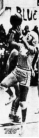 Image of women's basketball player, Elvera 'Peps' Neuman, going up for a lay-up as an Arkansas Gem. From The Minneapolis Tribune, JAnuary 17, 1974