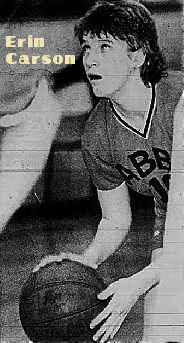 Image, semi-close up, of girls basketball player, Erin Carson, Abbotsford SEnior Secondary School, shooting a foul shot to our left. Photo by John Morrow, from the Abbotsford, Sumas & Matsqui News, Abbotsford, British Columbia, Canada, January 11, 1984.