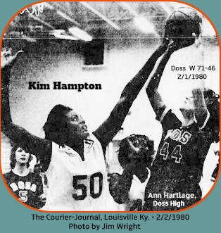 Image of girls basketball player, Kim HAmpton, Iroquois High School in Kentucky. Image of Hampton (#50) blocking a shot by Ann Hartlage (#44), Doss High, in a 2/2/1980 game which Doss beat Iroquois 71-46. From The Courier-Journal, Louisville, Kentucky, February 2, 1980. Photo by Jim Wrght.